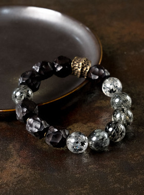 紫光檀木天然水晶小众设计手串