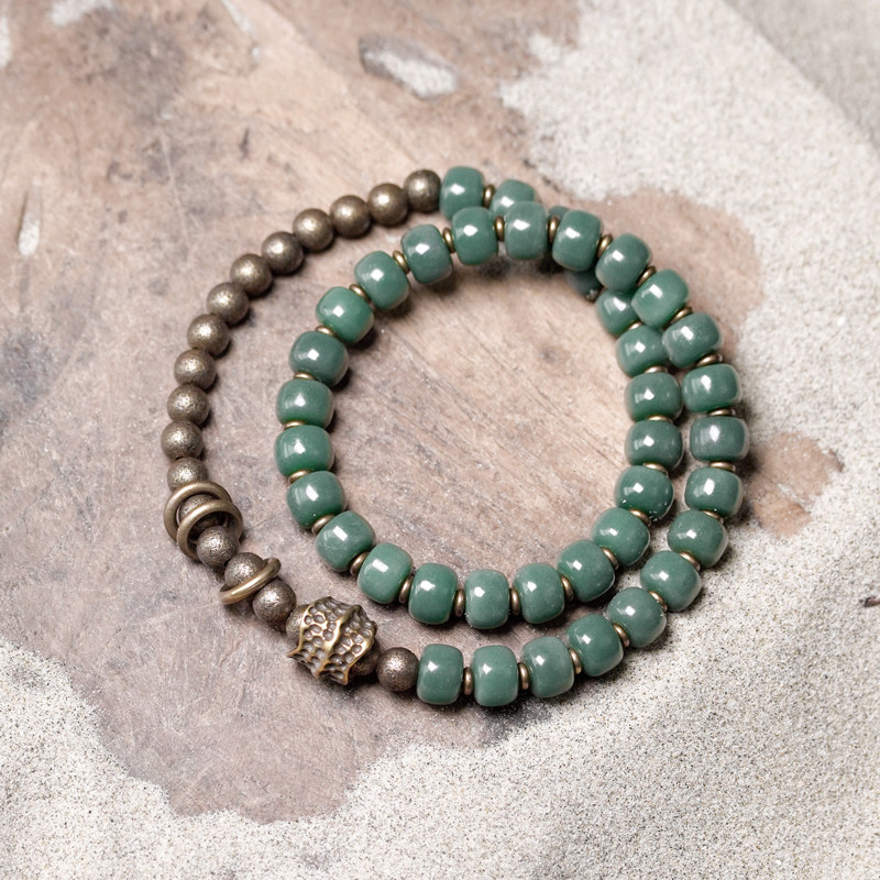 手工肌理古铜绿阴皮菩提根双层手链男中性手作饰品复古个性手串女