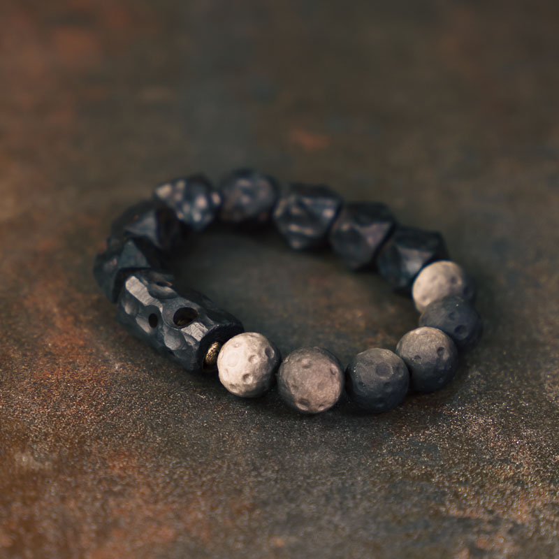 曲尾花原创手工木质黑曜石手串