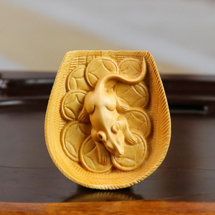 黄杨木雕刻畚箕茶铲富足簸箕老鼠日进斗金手把件挂件家居饰品摆件