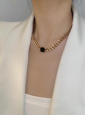 欧美个性夸张钛钢粗链项链网红百搭黑色方块锁骨链颈链女同款手链