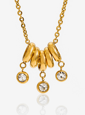 静俏设计感经典风18K金不锈钢圆形白色带钻吊坠不锈钢项链饰品