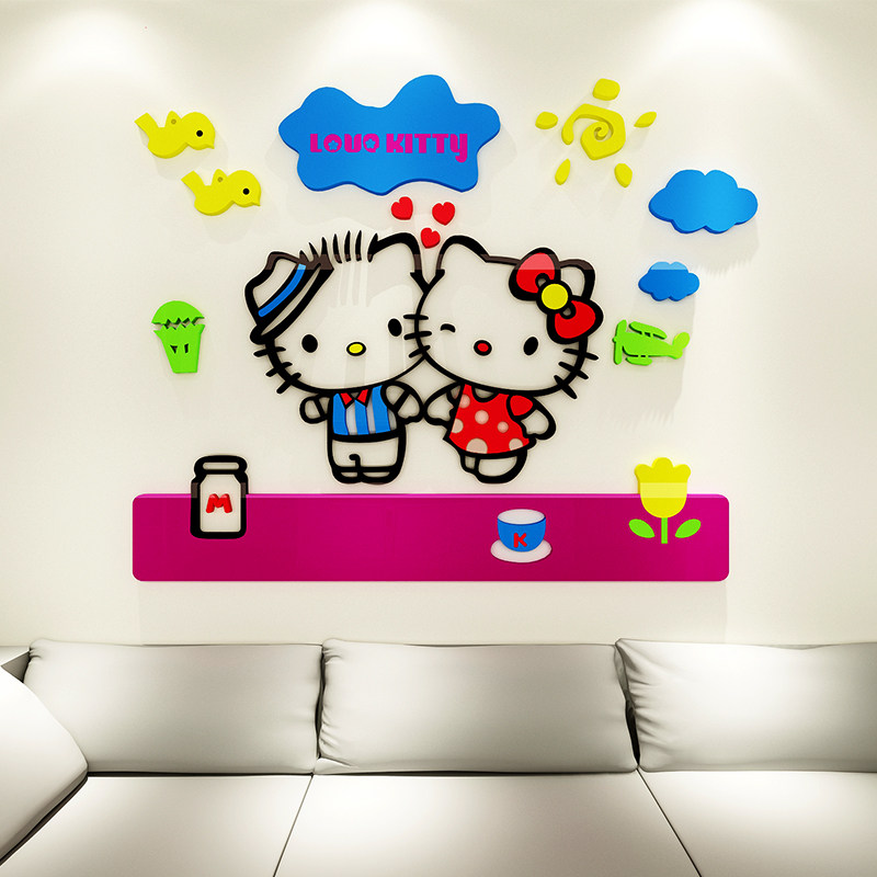 Kitty猫卡通墙纸3d立体墙贴画 卧室温馨浪漫背景墙儿童房墙面装饰