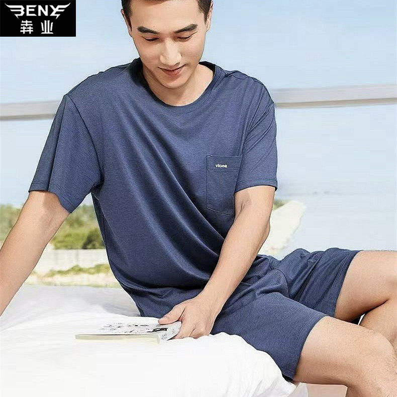 犇业夏季新款家居服套装男短袖短裤莫代尔棉薄款宽松纯色睡衣E337
