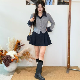 牛仔拼接假两件上衣 victory2韩版 秋季 套装 半身裙小众两件套 时尚