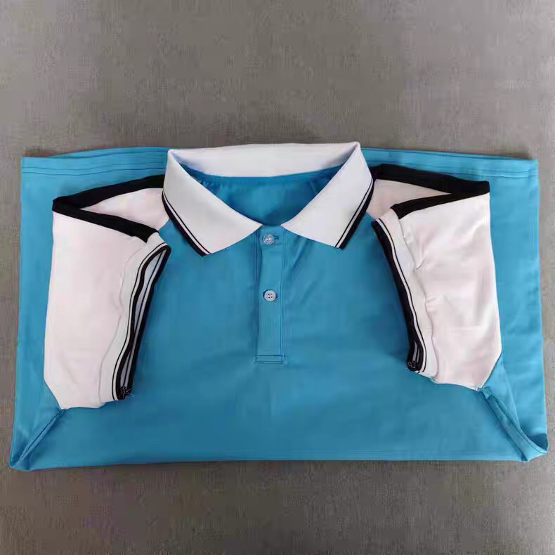 纯棉蓝色夏季短袖T恤白袖子插肩撞色藏蓝宽杠Polo领运动校服上衣
