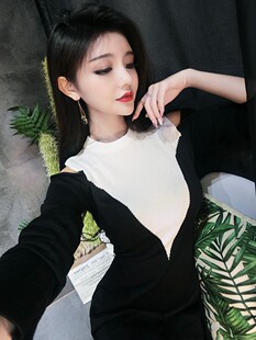 长袖 2020新款 女装 大码 收高腰露肩拼接A字显瘦打底连衣裙 胖MM秋季