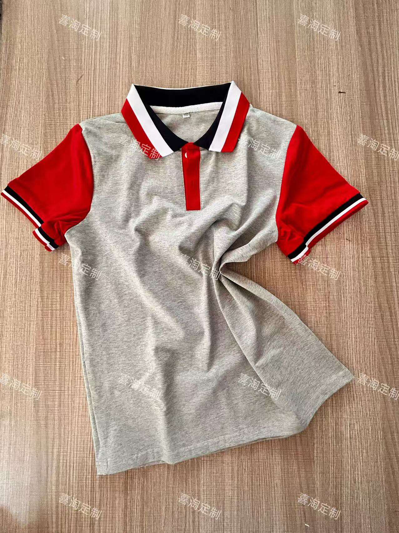 福建仙游县浅灰色拼红短袖T恤校服男女同款纯棉运动上衣红白蓝领