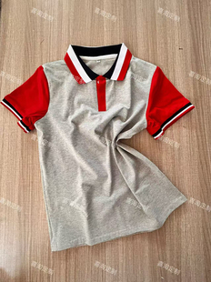 福建仙游县浅灰色拼红短袖T恤校服男女同款纯棉运动上衣红白蓝领