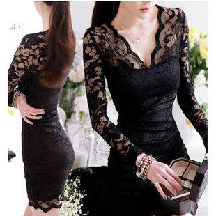 性感OL女装 2021秋季 大码 韩版 V领黑色蕾丝收腰显瘦打底包臀裙 新款