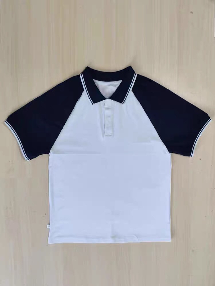 夏季中小学生纯棉白色校服短袖拼藏蓝袖子T恤上衣藏青领运动衫