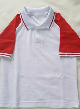中小学生珠地网眼白色插肩红袖白杠领运动休闲短袖polo衫校服上衣