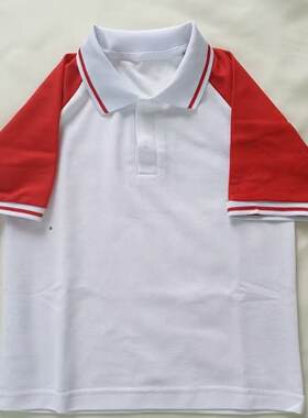 白色拼接红袖短袖校服