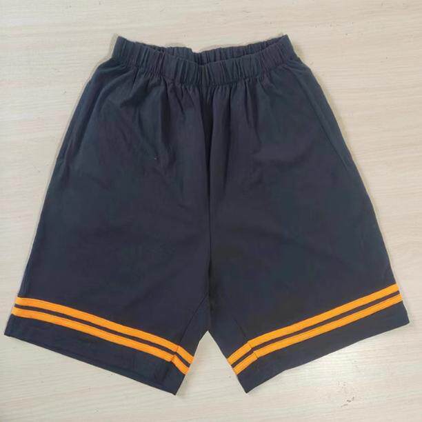 定做黑色裤脚口两道橘黄条中小学生校服短裤宽松运动五分裤