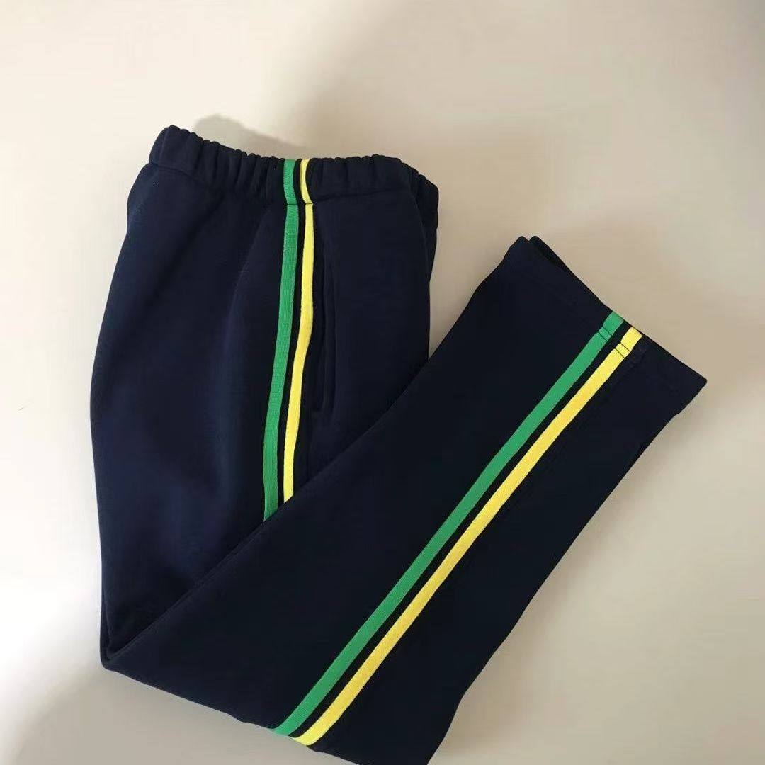 藏青色前黄后草绿色两道杠校服裤