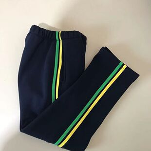 校服长裤 中小学生春季 纯棉藏青色前黄后草绿色双杠加绒加厚冬季