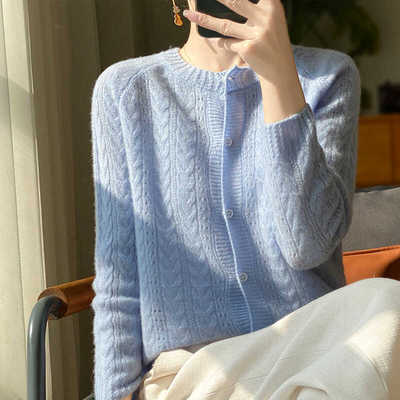 2024秋冬新款圆领羊毛开衫女100纯羊毛毛衣宽松针织外套上衣