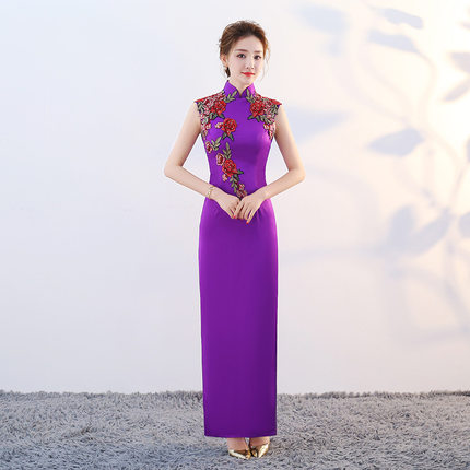 新款春夏装旗袍少女修身走秀礼仪服气质中长款紫色绣花旗袍裙