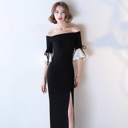 一字肩黑色宴会晚礼服2025年春秋新款名媛修身显瘦连衣裙高贵气质