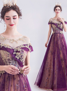 天使嫁衣 奢金刺绣紫色新娘结婚敬酒服晚宴年会演出婚纱礼服