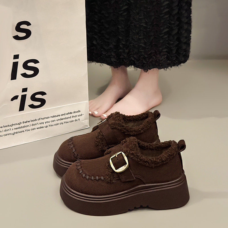 厚底加绒乐福棉鞋女2025秋冬新款保暖毛毛雪地靴复古英伦风小皮鞋