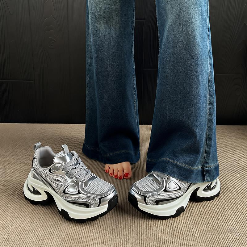 爆款银色厚底老爹鞋女小个子增高2025秋冬超火松糕运动休闲鞋34码