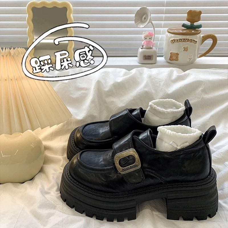高级感厚底增高小皮鞋女2025秋冬新款魔术贴配jk英伦风黑色乐福鞋