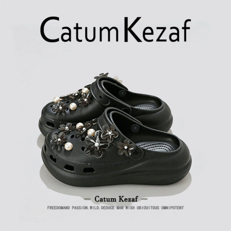 美国CatumKezaf黑色泡芙洞洞鞋女款夏季外穿厚底花朵沙滩凉拖鞋女