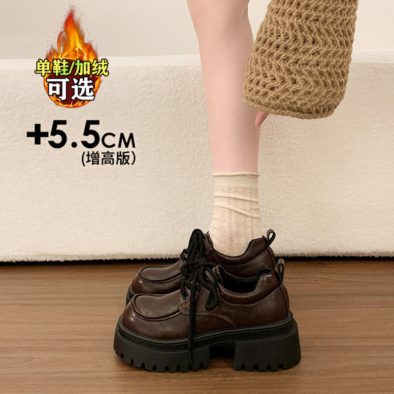 棕色厚底小皮鞋女2025新款秋冬加绒英伦风增高乐福鞋玛丽珍jk单鞋