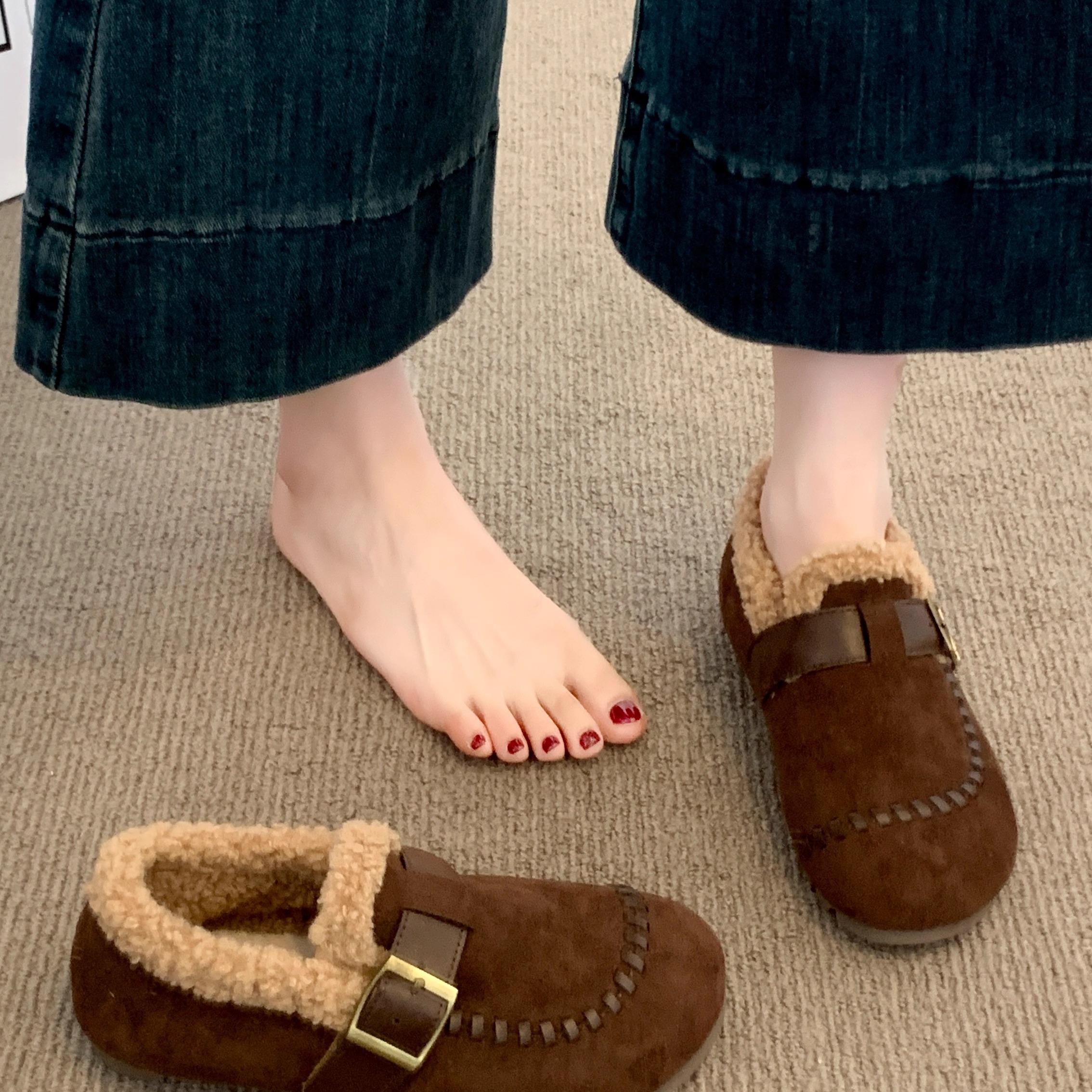 全包加绒勃肯鞋女2025新款冬季孕妇软底豆豆鞋复古保暖毛毛棉鞋子