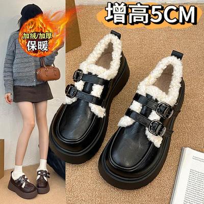 厚底松糕黑色加绒小皮鞋女2025秋冬新款英伦风保暖一脚蹬乐福棉鞋
