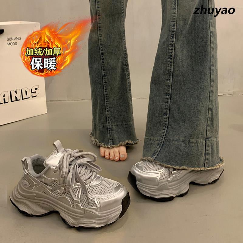白鹿同款加绒老爹鞋女2025秋冬爆款银色百搭小个子增高运动鞋34码