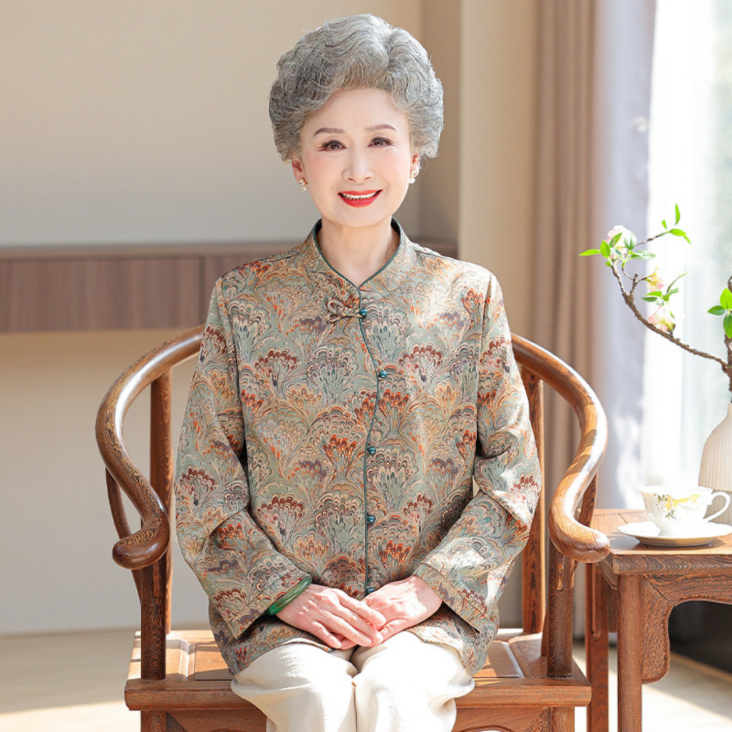 【桑蚕丝100%】妈妈真丝两件套装上衣裤子奶奶夏装衬衫女中老年人