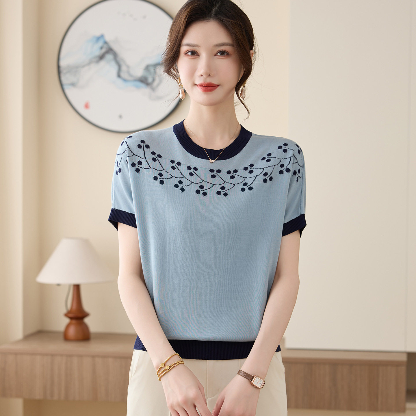 冰丝小衫针织衫短袖T恤妈妈夏装冰凉真丝上衣透气桑蚕丝中老年女