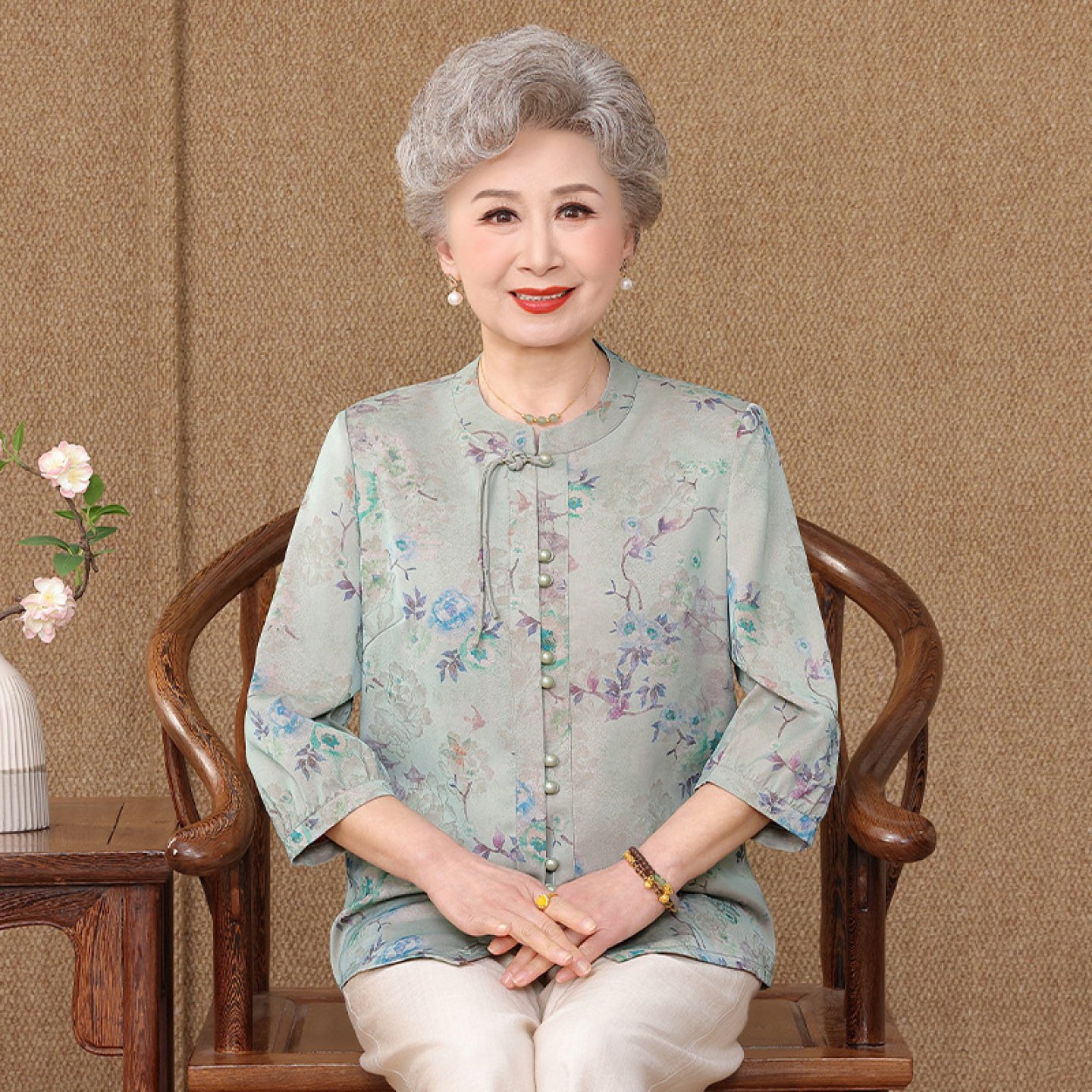 【桑蚕丝100%】上衣裤子真丝中老年人奶奶夏装衬衫女妈妈两件套装