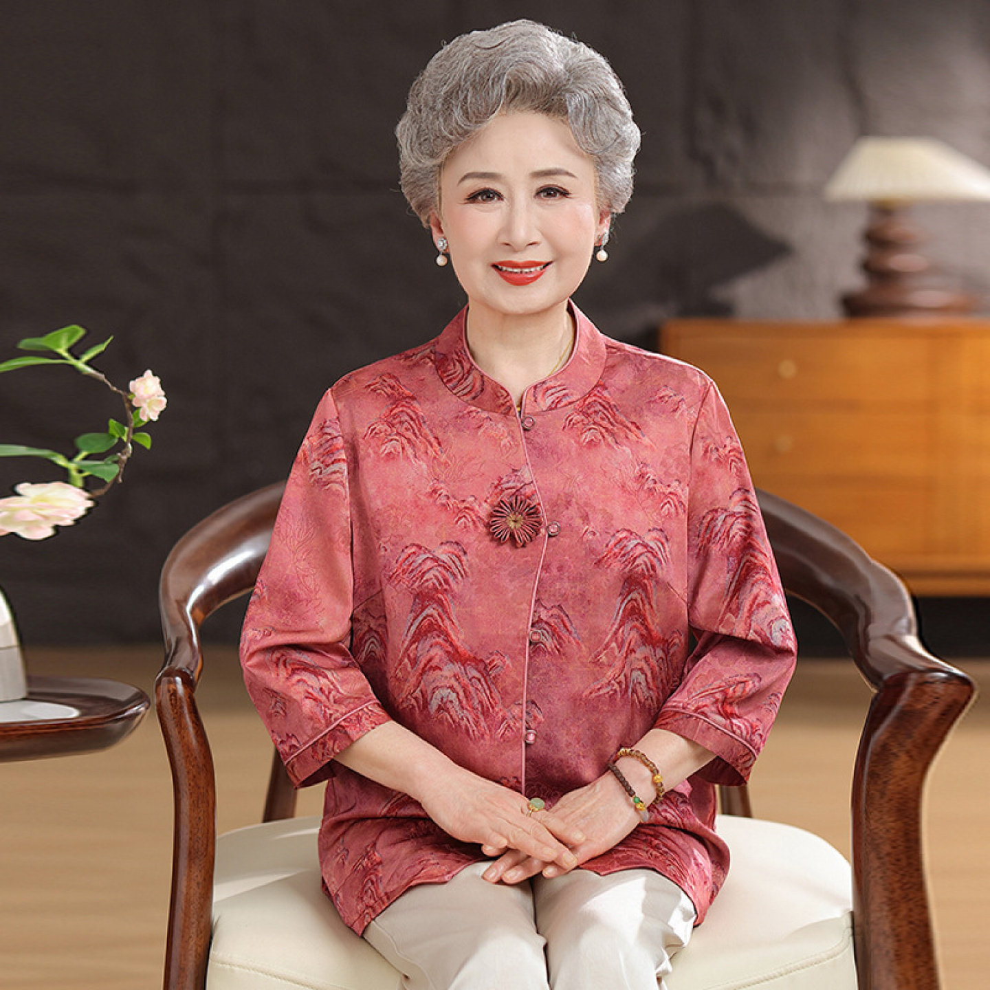【桑蚕丝100%】奶奶夏装衬衫女两件套装中老年人真丝妈妈上衣裤子