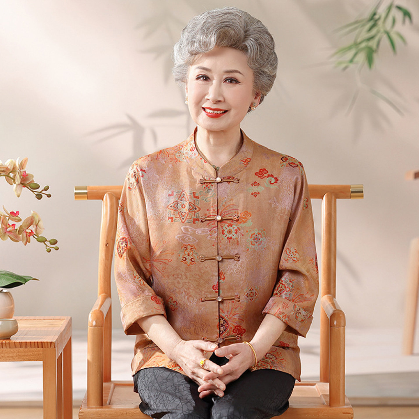 【100%桑蚕丝】上衣裤子开衫套装中老年人妈妈真丝奶奶夏装衬衫女