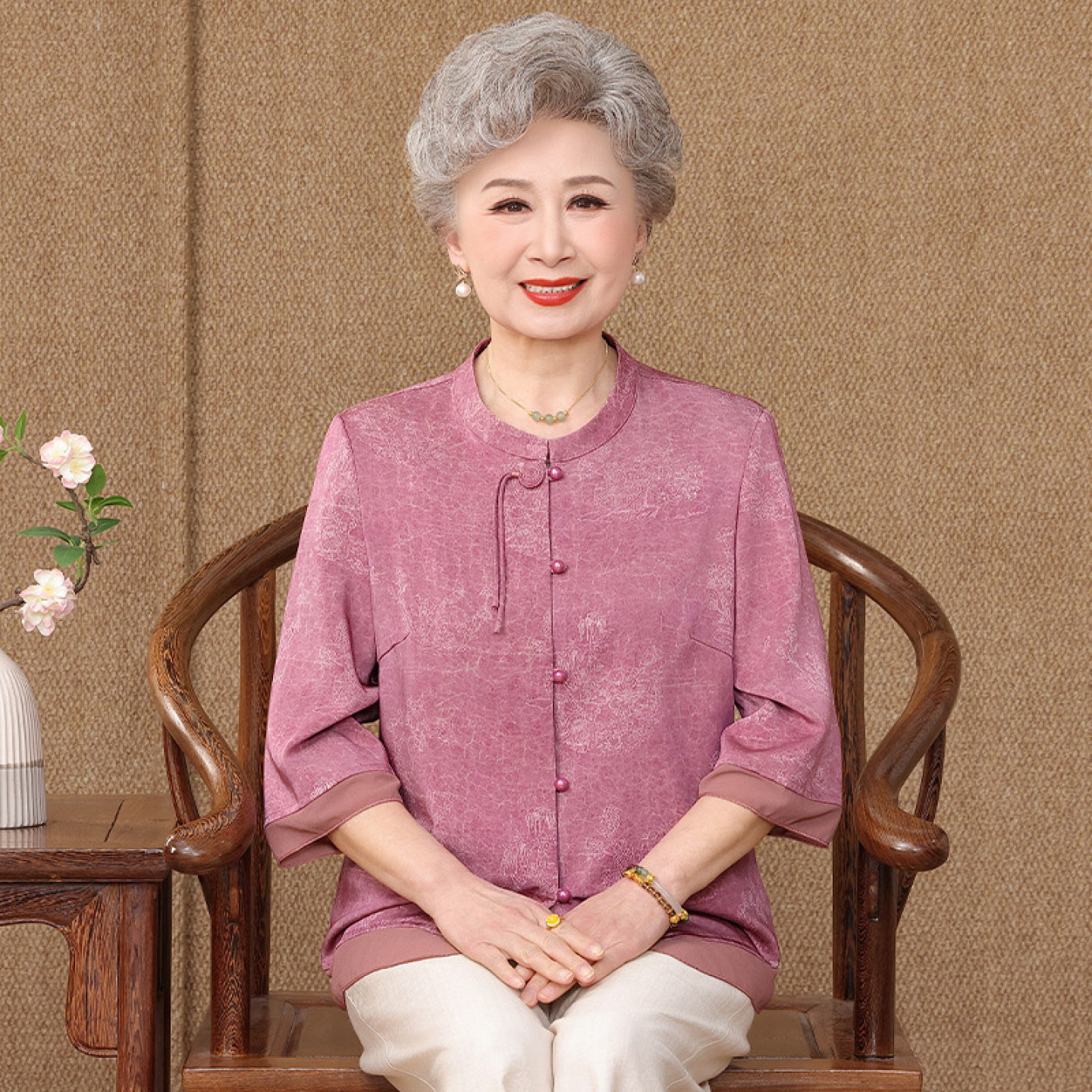 【100%桑蚕丝】奶奶夏装衬衫女套装上衣裤子中老年人开衫妈妈真丝