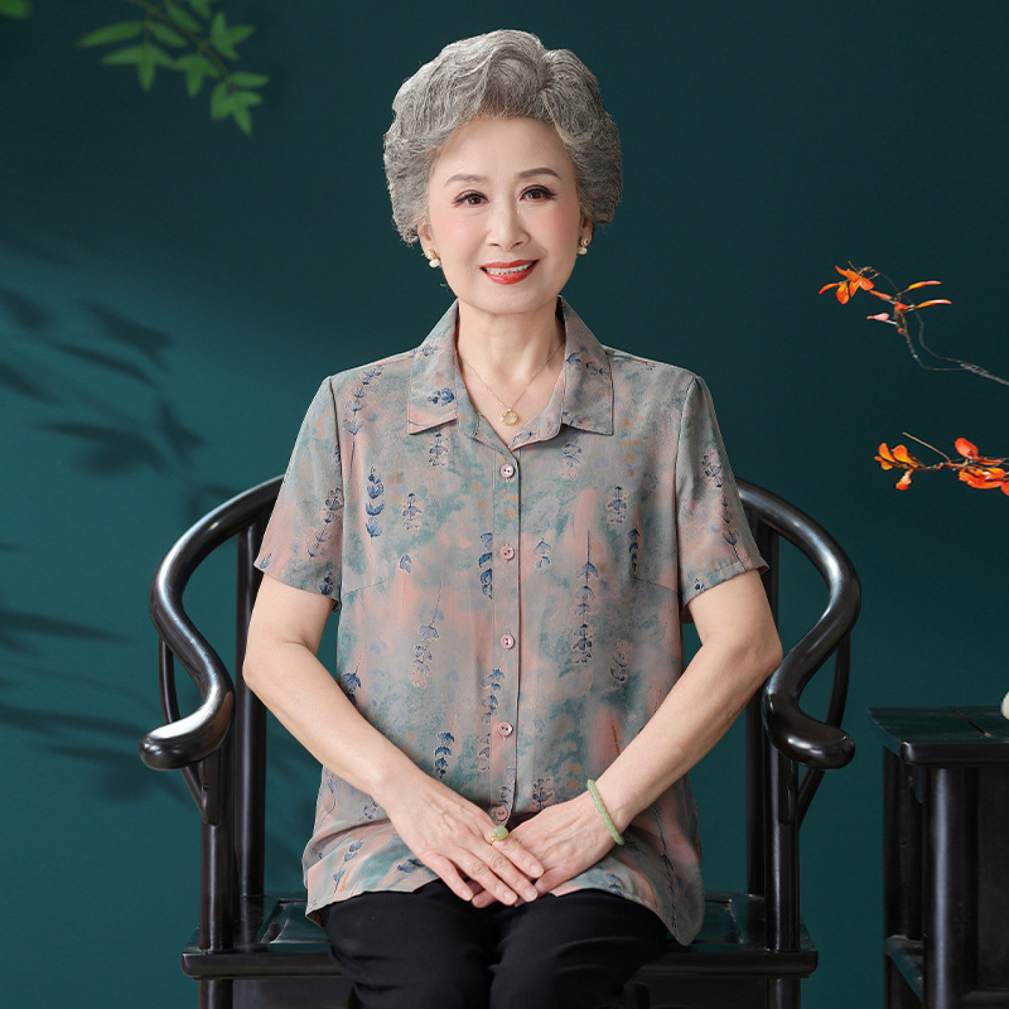 【100%桑蚕丝】妈妈中老年人奶奶夏装衬衫女开衫两件套装真丝上衣