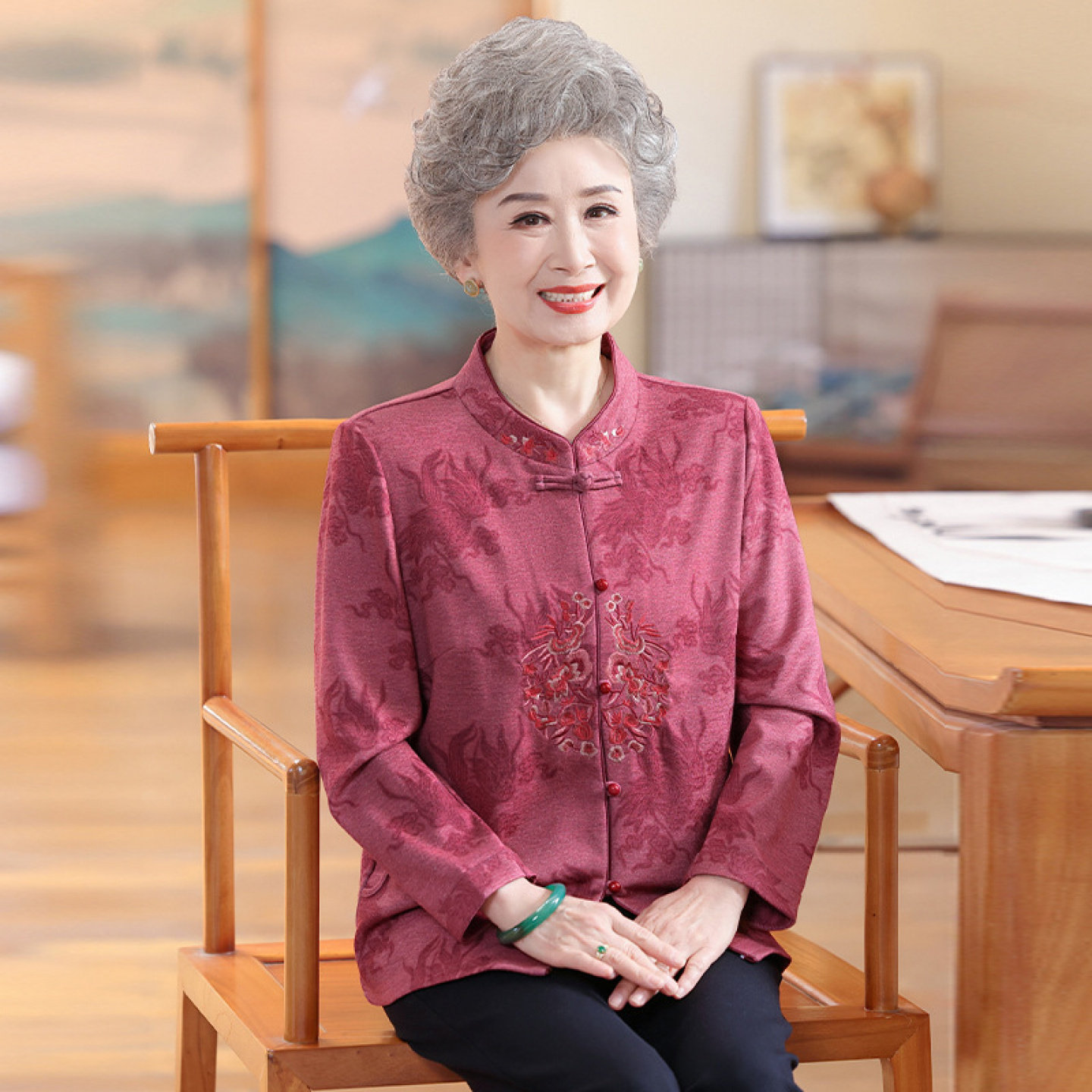 【100%桑蚕丝】中老年人妈妈真丝开衫上衣裤子套装奶奶夏装衬衫女
