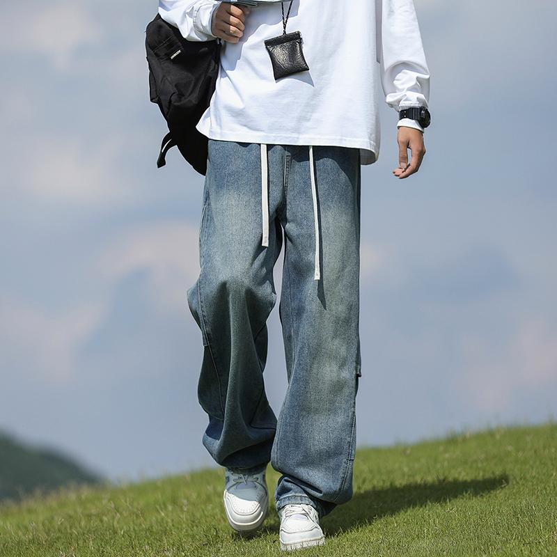 美式抽绳长裤水洗褶皱男生牛仔裤