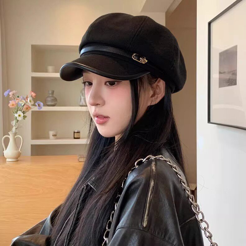 日系复古文艺风黑色鸭舌贝雷帽女休闲百搭气质显脸小八角云朵帽子