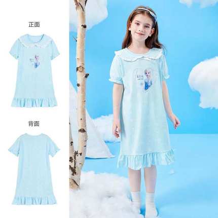 冰雪奇缘女童睡裙纯棉短袖儿童睡衣莎公主艾莎女孩宝宝2024夏季