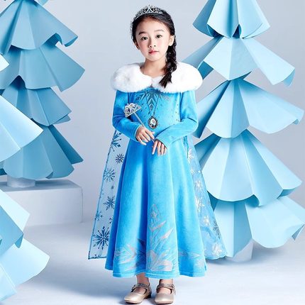 迪士尼女童爱莎天鹅绒公主裙冬季新款加厚丝绒连衣裙宝宝洋气裙子