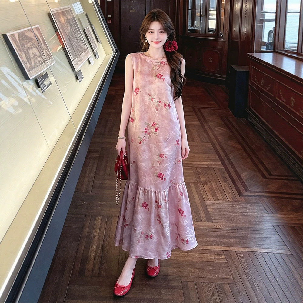 奢山甜美精致仙气花色大王缎面连衣裙女夏季新中式小个子无袖长裙