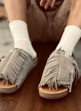 visvim uncle gui26ss新款牛皮真皮流苏拼接时尚百搭网红男女拖鞋