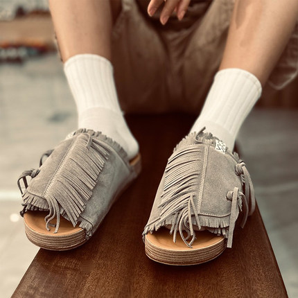 visvim uncle gui26ss新款牛皮真皮流苏拼接时尚百搭网红男女拖鞋