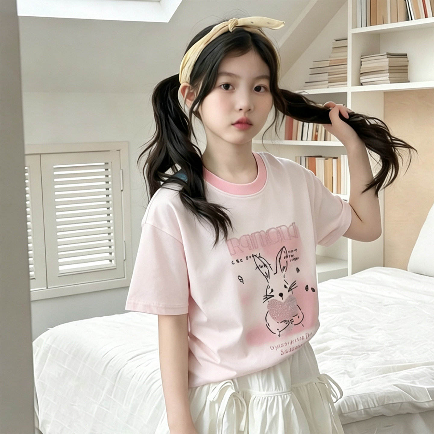女中大童兔子印花半袖休闲T恤2026新款夏装粉色简约清爽透气短袖