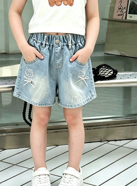 小萌兮兮女童夏装薄牛仔短裤实体货女童刺绣小猫蝴蝶结柔软短裤