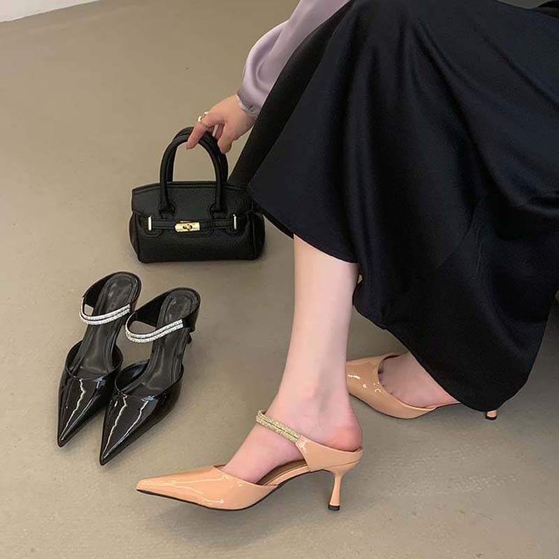 2026新款尖头裸粉色水钻尖头高跟鞋细跟女一字带气质包头凉拖鞋,女鞋,毛毛鞋,淘宝优惠券,粉丝福利购,淘宝优惠卷